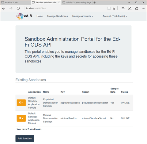 Sandbox Administration Portal with configured sandboxes