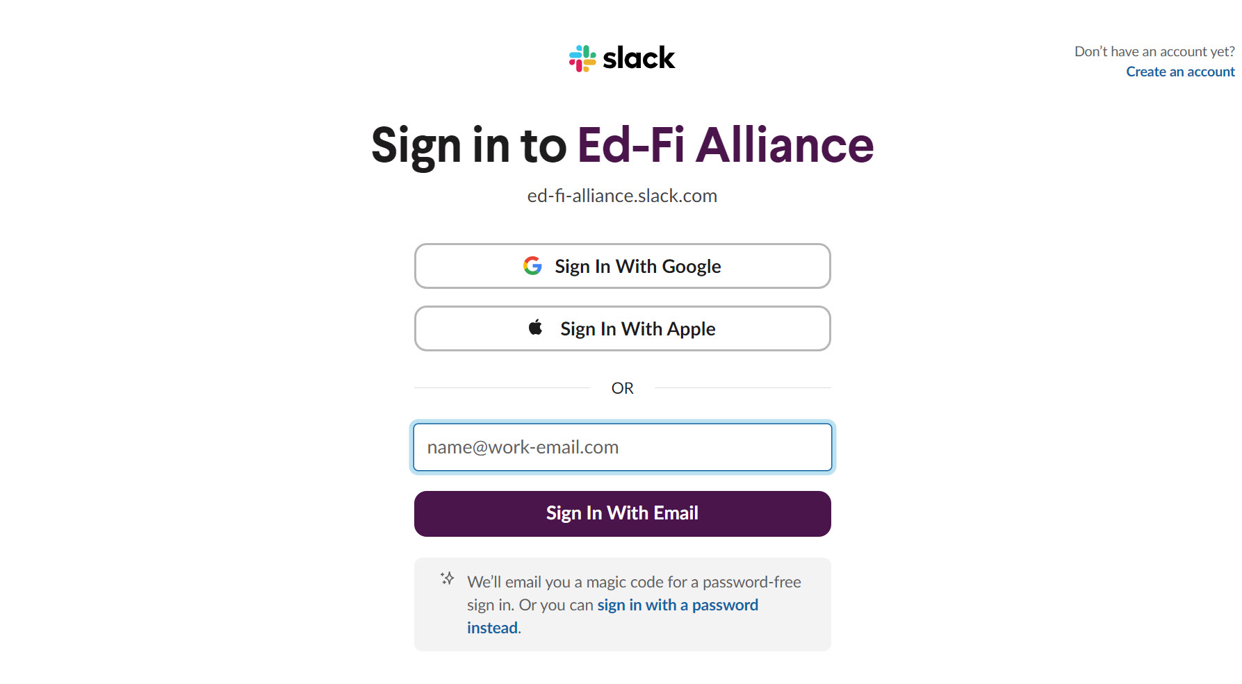 [Screenshot of Ed-Fi Slack sign-in page]